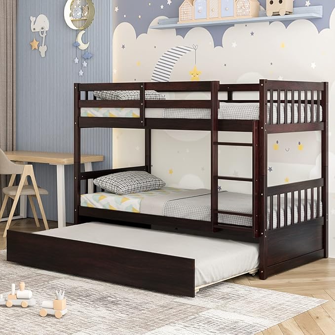 Giantex Twin Over Twin Bunk Bed with Trundle, Convertible Platform Bed Frame with Ladder & Solid Wood Frame, Space-Saving Bunk Bed for Teens & Adults, No Box Spring Needed, Espresso