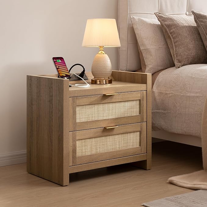 SICOTAS Rattan Nightstand End Table - Night Stand Bedside Table with Type-C Charging Station, 2 Drawers Storage - Boho Night Stands for Bedroom - Natural Oak