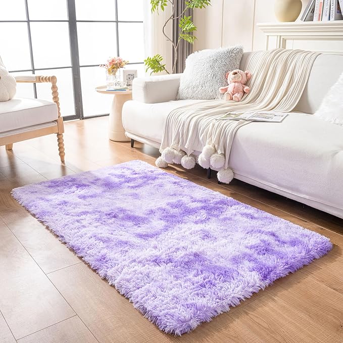 duduta Purple Plush Rugs for Bedroom 3x5 ft, Tie Dye Fluffy Shag Rug for Dorm Nursery Bedside, Machine Washable Non Slip