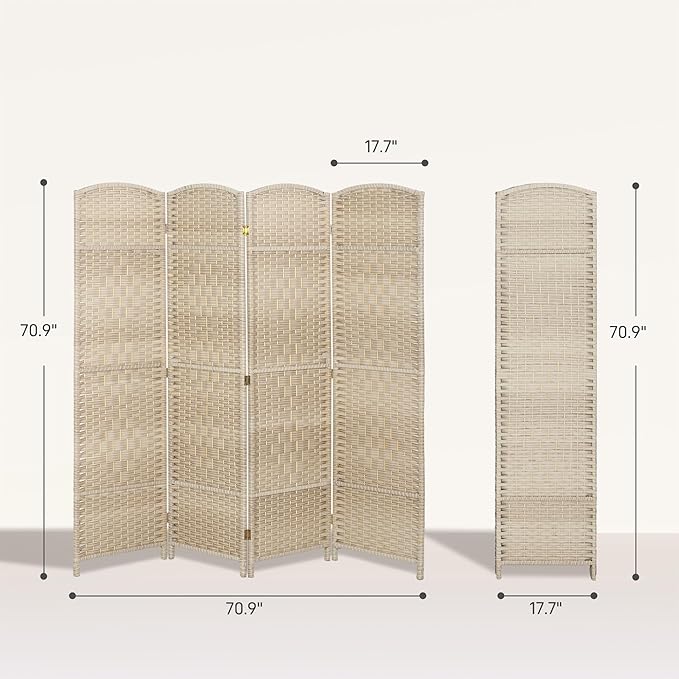 HOMCOM 4 Panel Room Divider, 6' Tall Folding Privacy Screen, Hand-Woven Freestanding Wall Partition for Home Office, Bedroom, Washed Oak
