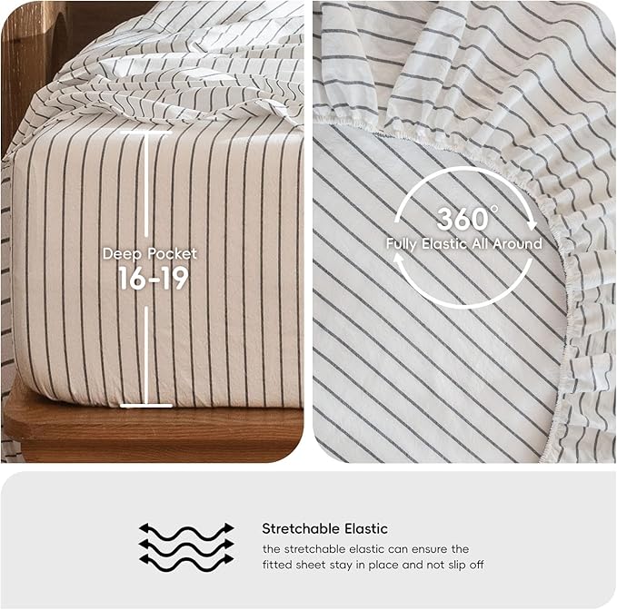 MooMee Fitted Bottom Sheet Only 100% Washed Cotton Linen Like Textured Breathable Durable Soft Comfy Deep Pocket Fits Mattress up to 17" (White Dark Grey Wide Stripes, King)
