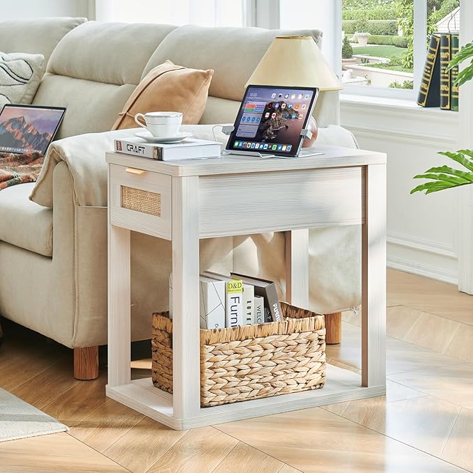 LEYAOYAO Narrow Side Table Set 2 with Charging Station,Rattan Night Stand with Drawer Storage,Natural Wood Bedside End Table with Metel Handle for Small Spaces,Boho Nightstand for Living Room Bedroom