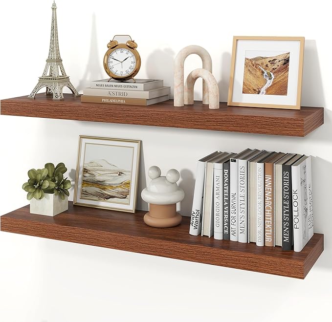 Floating Shelves for Wall, 9.3" Deep Wall Mounted Wood Shelves for Bathroom, Bedroom, Living Room, Kitchen, Hanging Shelf for Books/Storage/Room Decor (Walnut, 36")