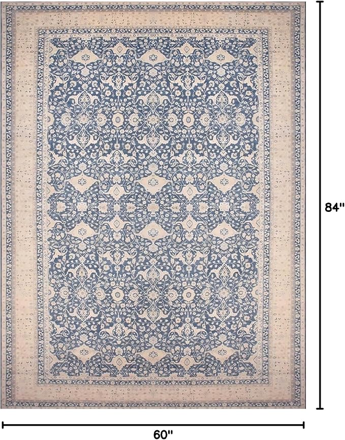 vivorug 5x7 Area Rugs - Ultra-Thin Washable Rug with Non-Slip Backing, Ideal for Living Room, Bedroom, Dining Room Indoor - Vintage Floral, Easy Clean, Durable, Low Pile Rug Blue