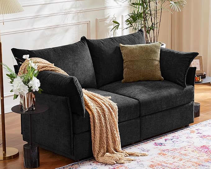 ABCASA Oversized Loveseat Sofa, Modern Modular Sectional Couch Black Fluffy Chenille Mid Century 2-Seat 24.5" Deep Seat for Apartment, Living Room, Bedroom