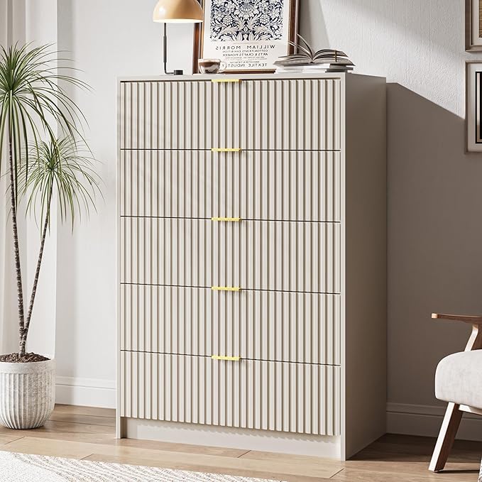 5 Drawer Dresser for Bedroom, Tall Dresser Chest of Drawers with Gold Handles, 32 Inch Wide Nightstand with for Bedroom, Living Rooms, Offices, and Entryways, Beige