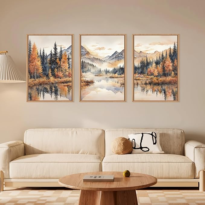 LHIUEM Large Neutral Mountain Framed Canvas Wall Art, Nature Foggy Forest Wall Decor, Watercolor Autumn Landscape, Woodland Artwork for Living Room, Bedroom, Office - 24"x36"x3