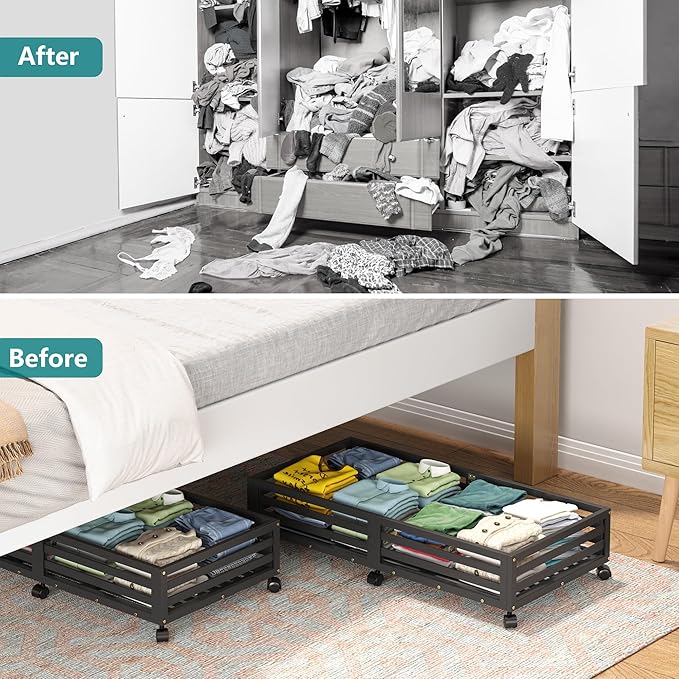 Wisuce Bamboo Under Bed Storage Containers- Underbed Organizer with Wheels with Large Dust Bag,Sturdy Wood Rolling Under the Bed Shoe Storage Organizer Drawer 2 Packs (Black, Long)