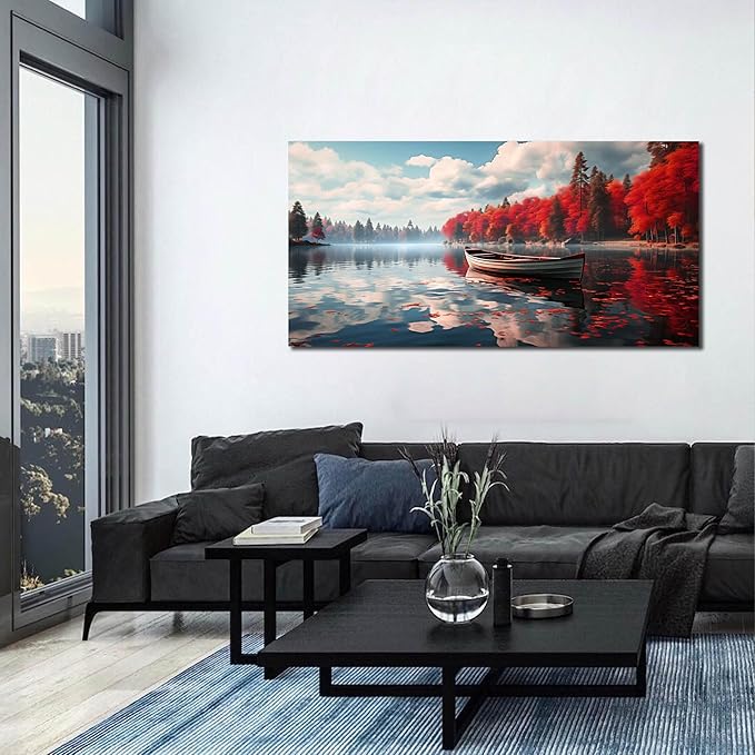 Large Wall Art for Living Room Bedroom Office Red Forest Wall Art Lake Landscape Pictures Modern Artwork Framed Canvas Prints 24x48 Inch