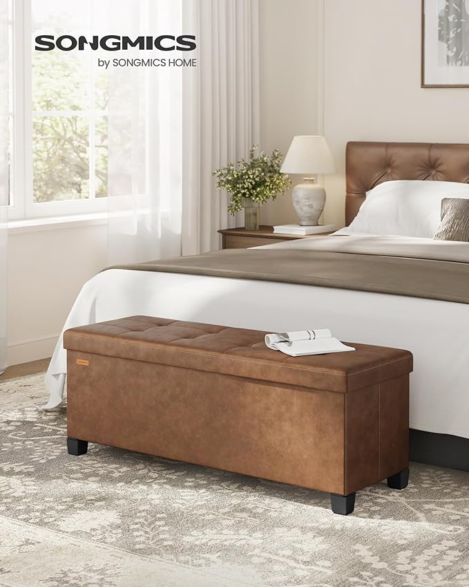 SONGMICS Storage Ottoman, Storage Bench with Legs, 15 x 43.3 x 15.7 Inches, Ottoman Bench, 30 Gal. (112 L), Synthetic Leather, for Living Room, Entryway, Coffee Brown ULSF0514K03