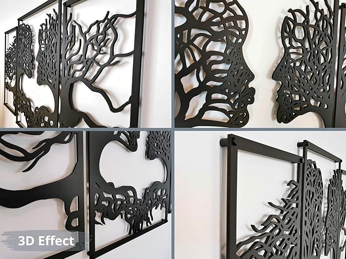 VAILLA Tree of Life Wall Wooden Art Abstract Tree Man Woman Face Large 3D Wooden Wall Decor Set of 3 Hanging Sculpture Modern Home Decoration 3D Textured Sculptures for Living Room Bedroom Office Dinnig Room