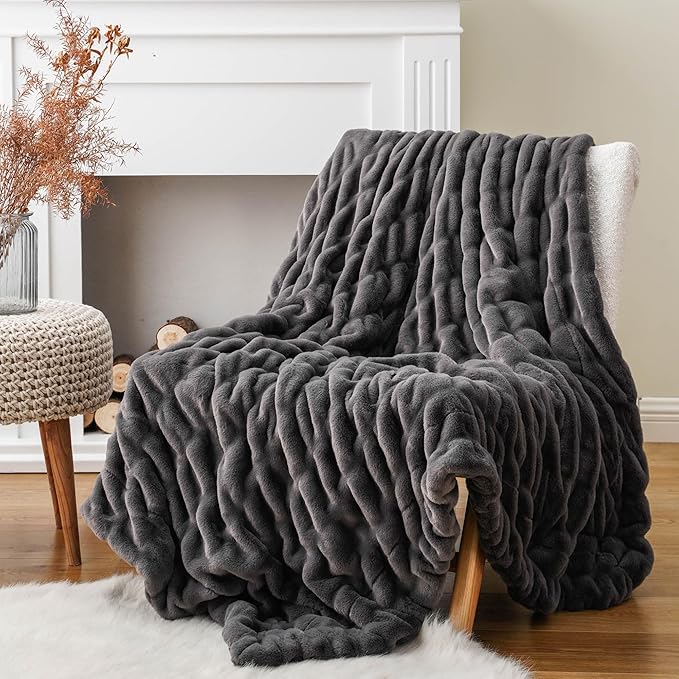 BATTILO HOME Luxury Faux Fur Blanket for Couch, Double Side Ruched Rabbit Fur Blanket Supper Soft Throw Blankets for Bed, Cozy Blanket, 50“x60
