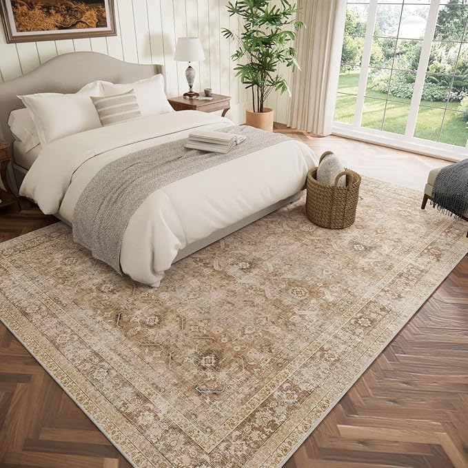 Washable 8x10 Area Rugs for Living Room, Boho Non-Slip Vintage Distress Large Rugs for Bedroom Dining Room Nursery Office, 0.3" Neutral Oriental Throw Thin Carpet, Brown/White/Multi