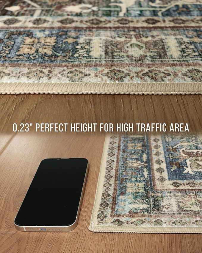 GENIMO 6X9 Area Rugs for Living Room, Machine Washable Vintage Floor Cover Foldable Modern Non Slip Rug, Low Pile Soft Indoor Carpet Floral Print Mat Rug,Bedroom/Dining Room/Home Office,Sage Green