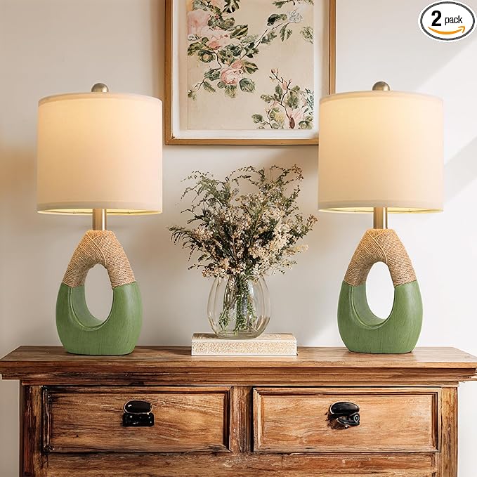 OYEARS 19" Table Lamps Set of 2, Bedside Lamps for Living Room, Lamps for Bedroom, Farmhouse Rattan Table Lamp, Small Space Nightstand Lighting, Rustic Home Office Decor (Green, Bulb Not Included)