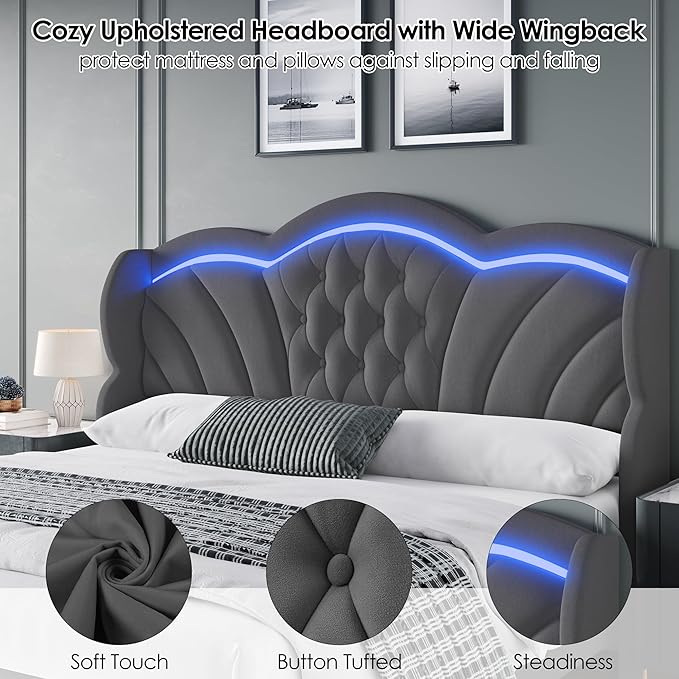 Keyluv Full Bed Frame with LED Lights and 2 Storage Drawers, Velvet Upholstered Platform with 47" Tall Arc-Shaped Wingback Headboard and Button Tufted Design, No Box Spring Needed, Noise-Free, Gray