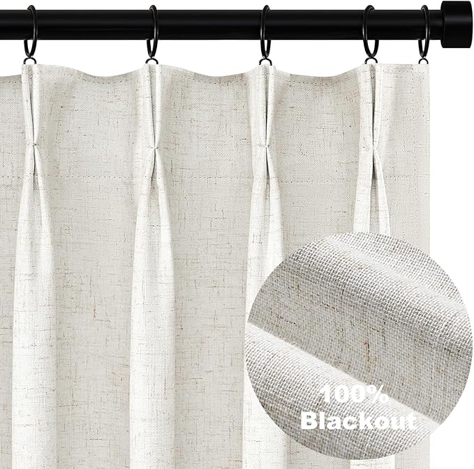 Topfinel Black Out Linen Curtains 54 Inch Long, Pinch Pleat Back Tab Pleated Country Room Darkening Uv Blocking Cute Short Curtains for Small Window Bedroom Nursery Cafe with Clips, Ivory Off White
