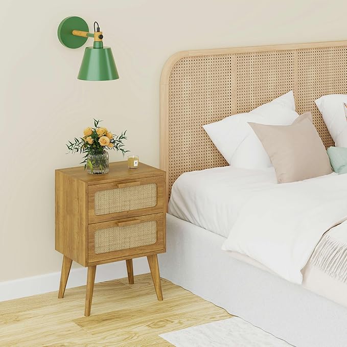 YAUKOMEL Rattan Nightstand,End Table, Side Table with 2 Hand Made Rattan Decorated Drawers,Boho Bedside Table,Wood Accent Table with Storage for Livingroom, Bedroom, Toffee Wood CTG59T