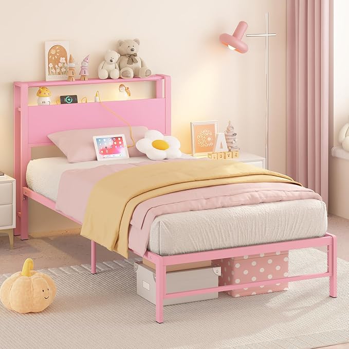 Twin Bed Frames with Charging Station, 2 Tiers Storage Headboard Twin Sized Bed No Box Spring Needed Heavy Duty Metal Platform for Girls, Pink