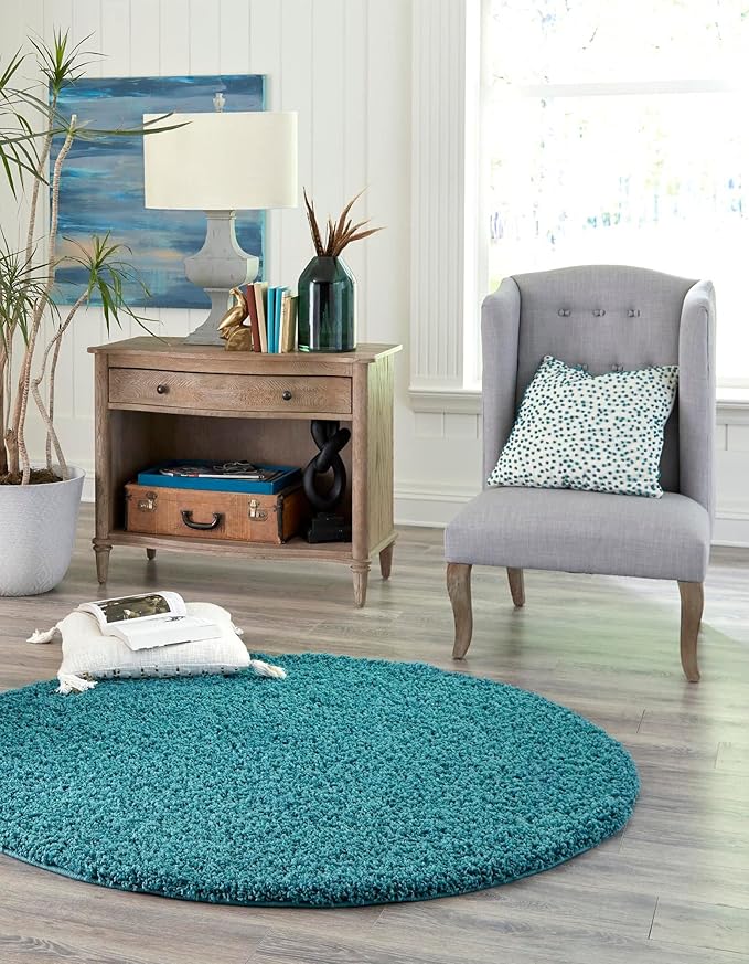 Unique Loom Solid Shag Collection Area Rug (3' 3" Round, Deep Aqua Blue)