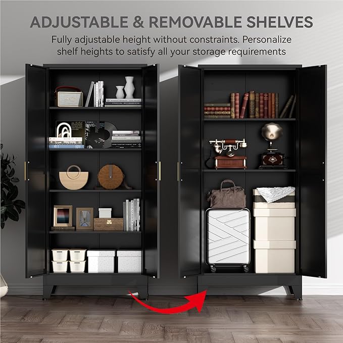 Farmhouse Pantry Cabinet with Barn Doors, 71" H x 31.5" W, 5-Tier Metal Storage Cabinet with 4 Adjustable Shelves for Kitchen Garage Dining Room, Black