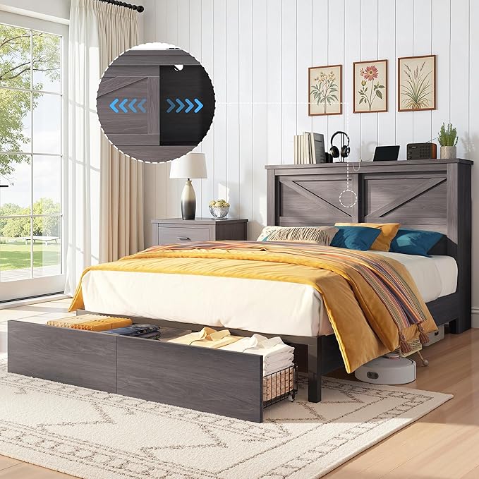 AMERLIFE 47.2" H Full Bed Frame with Hidden Space Bookcase Headboard and Charging Station, Beds with 2 Storage Drawers and Wood Slats, No Box Spring Needed, Grey
