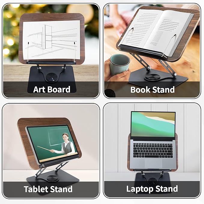 New Upgrade Book Stand for Reading, Book Holder with 360° Swivel Base, Adjustable Height & Angle Cookbook Stand, Foldable Recipe Book Holder for Kitchen, Textbook, Music Stand, Lightweight & Portable