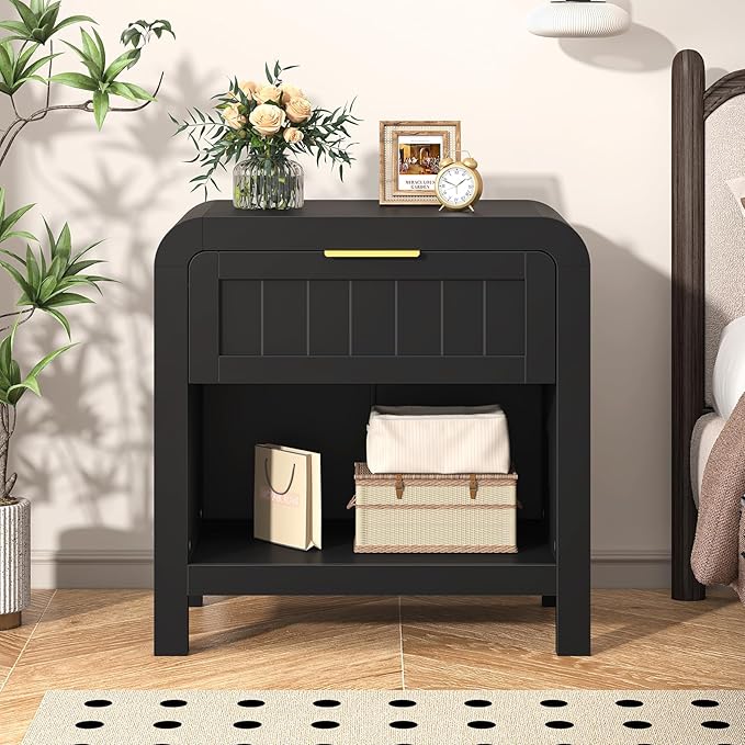IKENO Wood Nightstand with Storage Drawer, 21" Wide Night Stand with Curved Profile Design, Bedside End Table for Bedroom, Living Room, Closet (1, Black, 1 Drawer)
