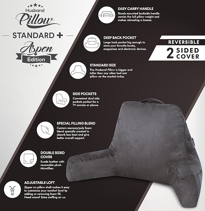 Husband Pillow Aspen Iron Grey, Reading Pillow Bed Rest Chair, Two-Sided Reversible Fabric, Large Lounge Cushion Adult Backrest with Arms, Comfy Back Support for Sit Sitting Up, Wash/Removable Cover