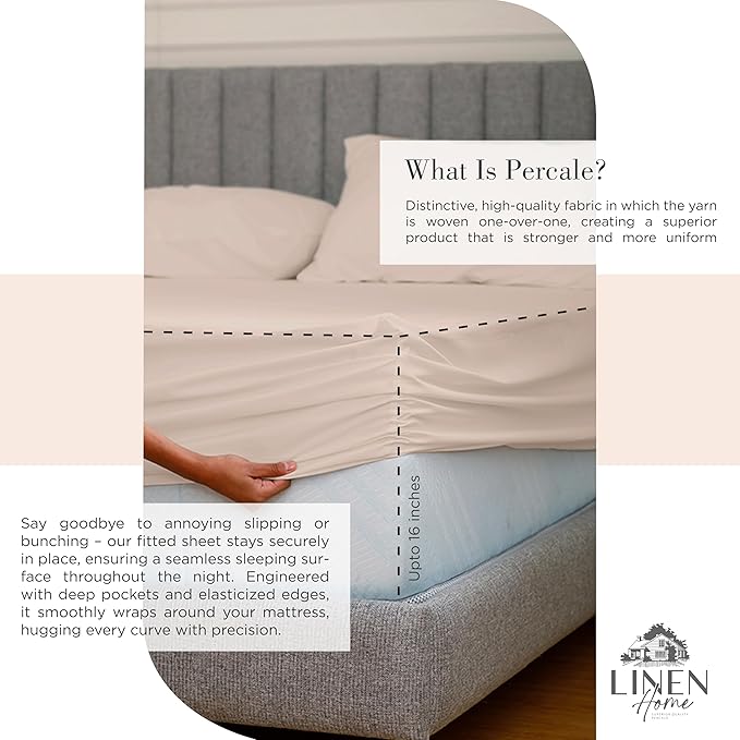 Linen Home 100% Cotton Percale Sheets King Size, Sand Shell, Deep Pocket, 4 Pieces Set - 1 Flat, 1 Deep Pocket Fitted Sheet and 2 Pillowcases, Crisp Cool and Strong Bed Linen