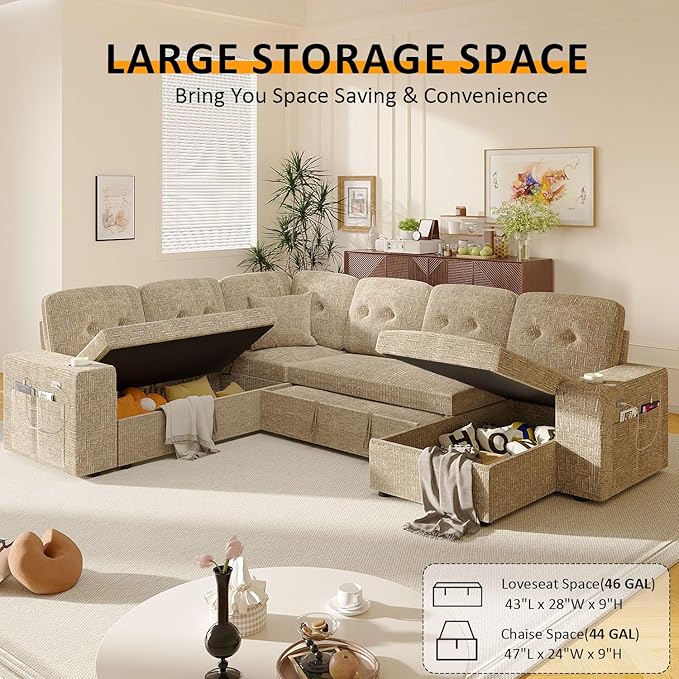 Modular Sectional Sleeper Sofa with Pull Out Bed, 108 Inch U Shaped 7 Seat Sectional Couches for Living Room, Sofa Bed with Adjustable Backrest | Hidden Storage | Wide Armrest | Khaki