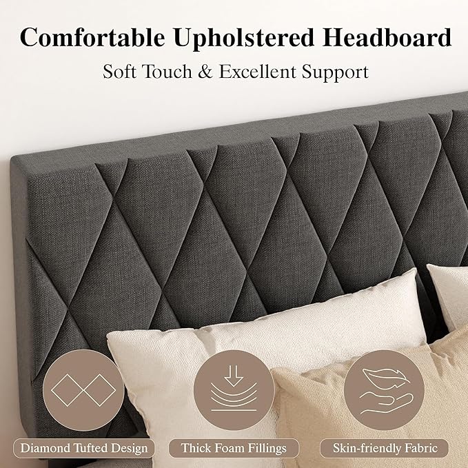Full Size Bed Frame with Diamond Tufted Headboard, Linen Upholstered Platform Bed and Wooden Slat Support, Noise-Free, No Box Spring Needed, Easy Assembly, Dark Grey