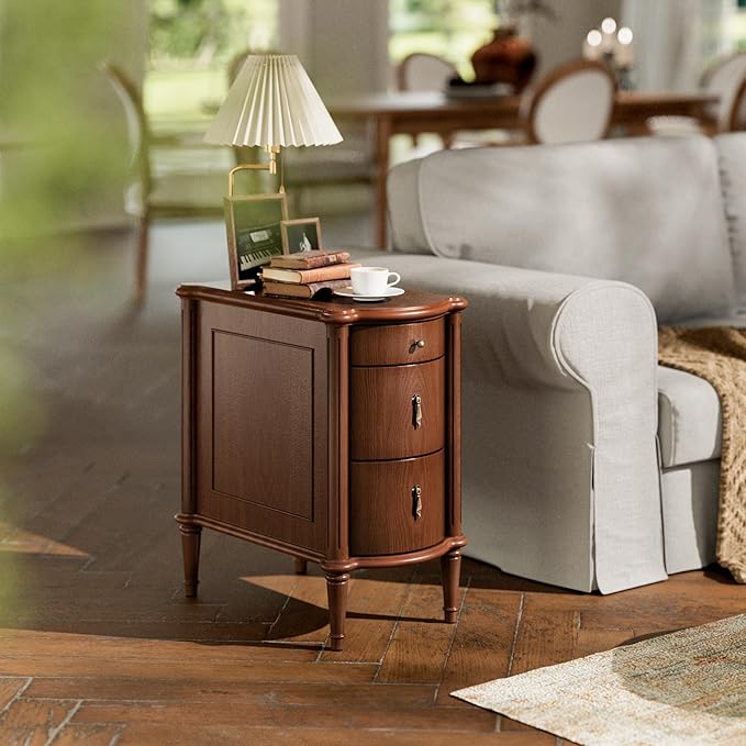 STO'SENSE Nightstand w/Charging Station & 3 Drawers, Pre-Assembled, Vintage Side Table w/Antique-Finished Pulls, Rustic Wood Finish, Narrow End Table w/Turned Legs for Bedroom (1, Brown)