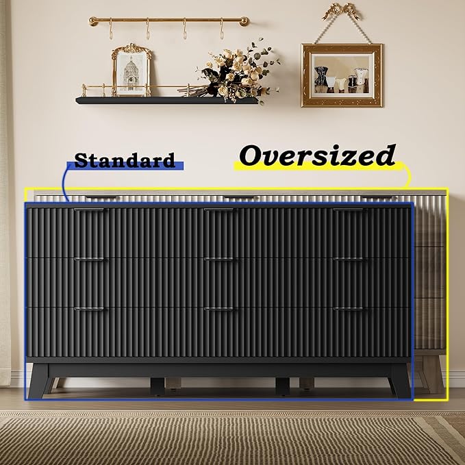 Fluted 9 Drawer Dresser, 57.1" Wide Modern Boho Chest of Drawers, Wooden Storage Dresser TV Stand for Bedroom, Living Room, Closet, Hallway, Curved Profile Design