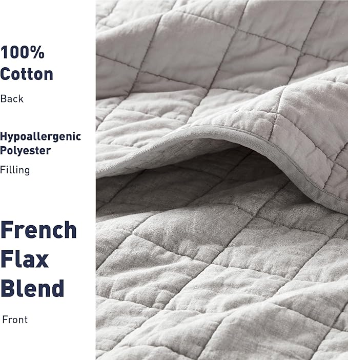Hyde Lane Luxury Linen Quilt Set Queen Size, Organic European Flax Cotton Blend Bedding for Bedspread and Coverlet, Box Stitched, with 2 Pillow Shams, 90"x96", Grey