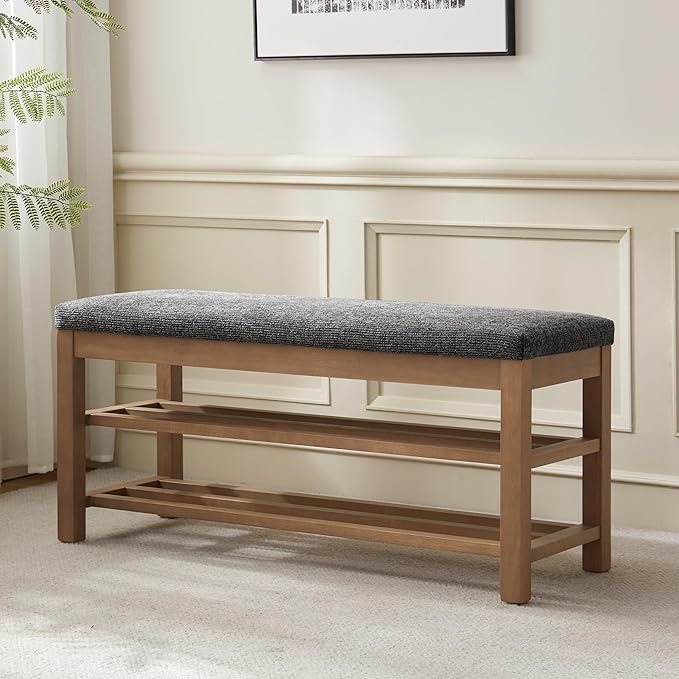VKNOW 44.3” Wooden Entryway Bench, 2-Tier Upholstered Shoe Bench for Bedroom, Storage End of Bed Bench with Rubberwood Legs for Living Room, Hallway, Black