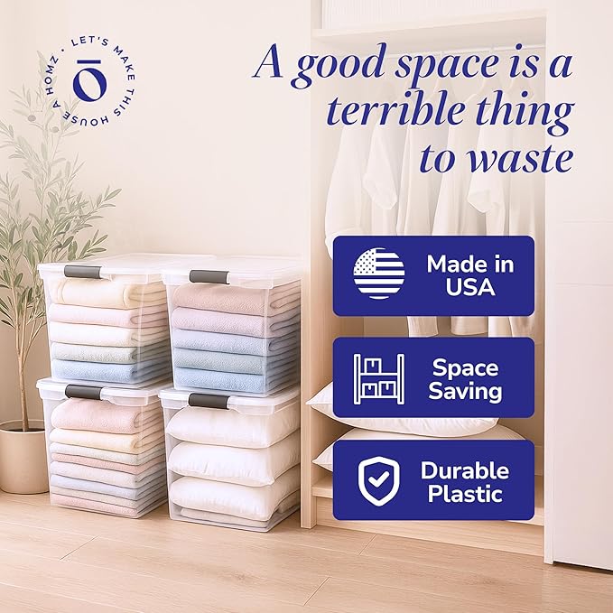 HOMZ 4-Pack Secure Latch, Clear Plastic Storage Organizer Bins, 112 Quart, Gray Latches - Stackable Container Boxes for Bedroom, Bathroom, Garage, and Office Organization