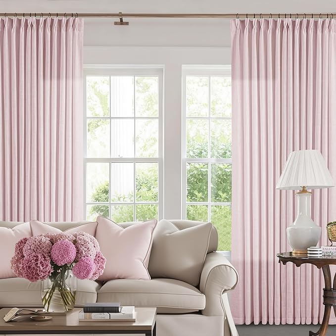 Light Pink Linen Pinch Pleat Curtains 84 Inch Length 2 Panels for Girls Bedroom Nursery Soft Thick Linen Window Drapes Semi Sheer Light Filtering Pleated for Kids Living Room Blush Dusty Pink Decor