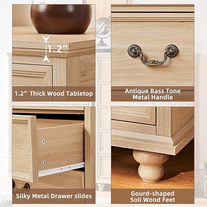 24" Wide Farmhouse Nightstand with Charging Station Set of 2, 45" Tall Rustic Chests of 5 Drawers w/ 4 Solid Wood Feet, Farmhouse Furniture Series for Living Room,Bedroom,Wood