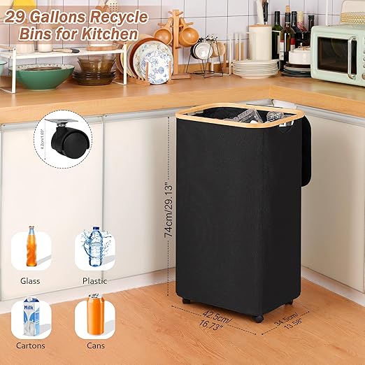 iEGrow Recycling Bin for Kitchen, Indoor Home Recycle Bins with Wheel, 29 Gallons Large Recycling bin with 2 Removeable Reusable Inner Bags, for Bottles Cans Glass Plastice Cartons(Black)