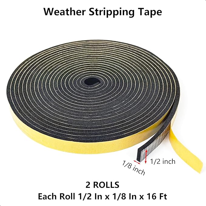 Weather Stripping Door Seal Strip, Strong Adhesive, Weatherproof, Reduce Noise, Gap Filler, Foam Insulation Tape for Doors and Windows (1/2 in x 1/8 in x 32 Ft)