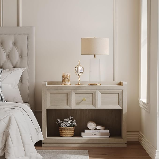 SICOTAS 31" Wide Nightstands Set of 2, Large Night Stands with Drawer, Oversized King Size Nightstand Bedside Table for Bedroom, Farmhouse End Side Table Set of 2 with Round Corners,Grey White Oak