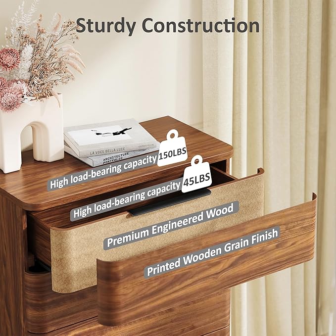 5 Drawer Dresser for Bedroom, 45" Tall Modern Chest of Drawers with Metal Handle, Curved Profile Design, Wooden Closet with Large Drawers Dressers Organizer for Entryway Hallway