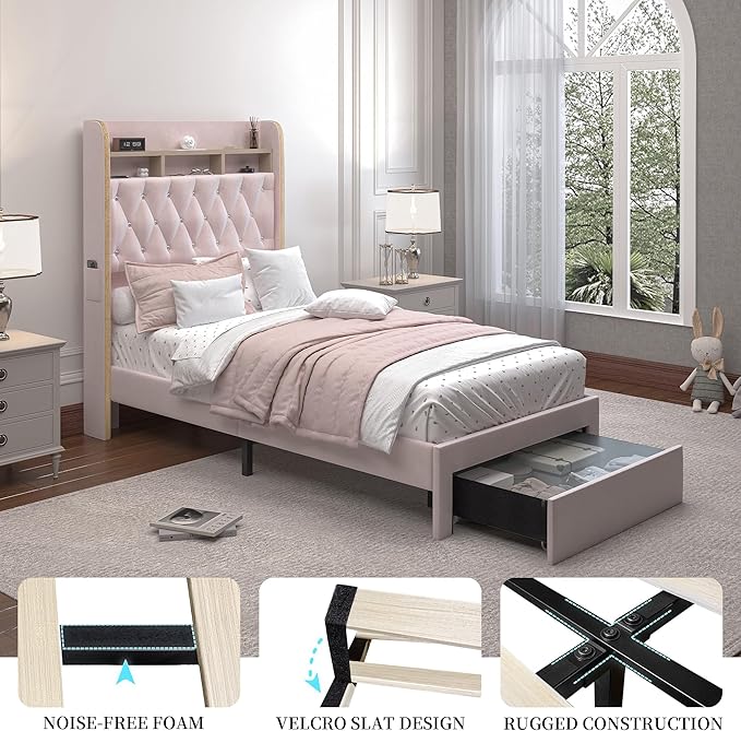 Twin LED Bed Frame with Storage Drawer, Velvet Upholstered Platform Beds with Galaxy Star Projector and Speaker, Aurora Bedframe with 2-Tier Storage Headboard for Small Bedroom Apartment, Pink