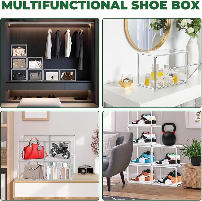 12 Pack X-Large Acrylic Display Case, Size 14 Clear Shoe Box Stackable Sneaker Display Case with Magnetic Lid Multipurpose Storage Bin for Closet for Purses, Handbags, Cosmetics, Collectibles