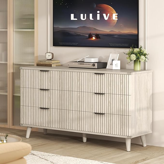 Lulive Wood Dresser for Bedroom with 6 Drawers, 53.2" Long Fluted Modern Chest of Drawers Storage Organizer, Dressers TV Stand for Living Room, Closet, Hallway (White Oak)