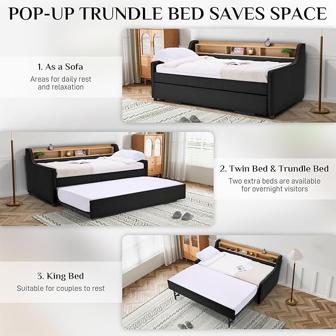 Twin Size Daybed with Pop Up Trundle Bed, Linen Fabric Upholstered Day Bed Frame with w/LED/USB/Type C/Storage Headboard, Twin to King Daybed for Living Room Bedroom, No Box Spring Needed, Black