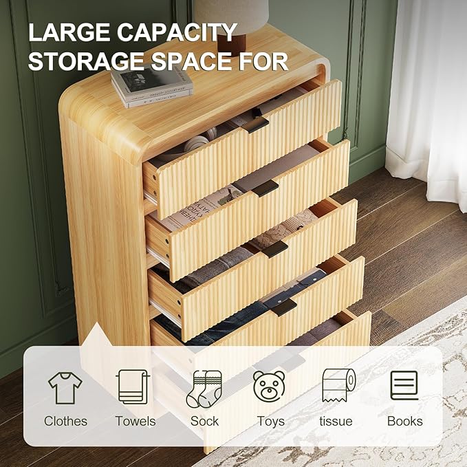 FURSUN Fluted 5 Drawers Dresser for Bedroom, 48" Tall Wooden Modern Dresser with Metal Handle, Curved Profile Design, Storage Organizer for Bedroom, Living Room, Hallway, Natural Oak