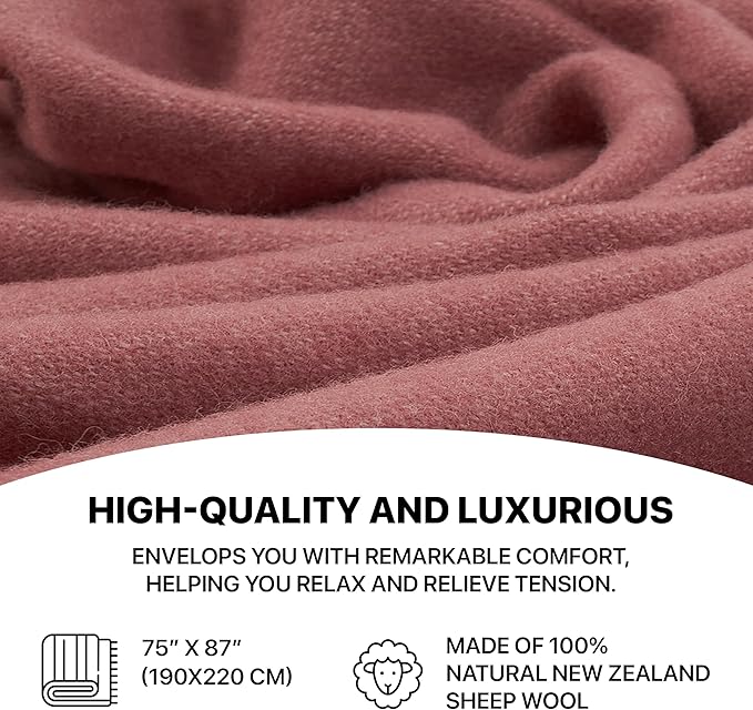 | Wool Blanket/Throw | 100% New Zealand Wool | Perfect for Home and Outdoors | Virgin Wool Throw with Fringes 75"x87" (190 x 220 cm)