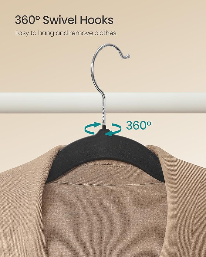 SONGMICS Velvet Hangers 100 Pack, Non-Slip Clothes Hangers with Silver-Colored Swivel Hooks, Slim Space-Saving for Closet, Heavy-Duty, Black UCRF026BZ02S